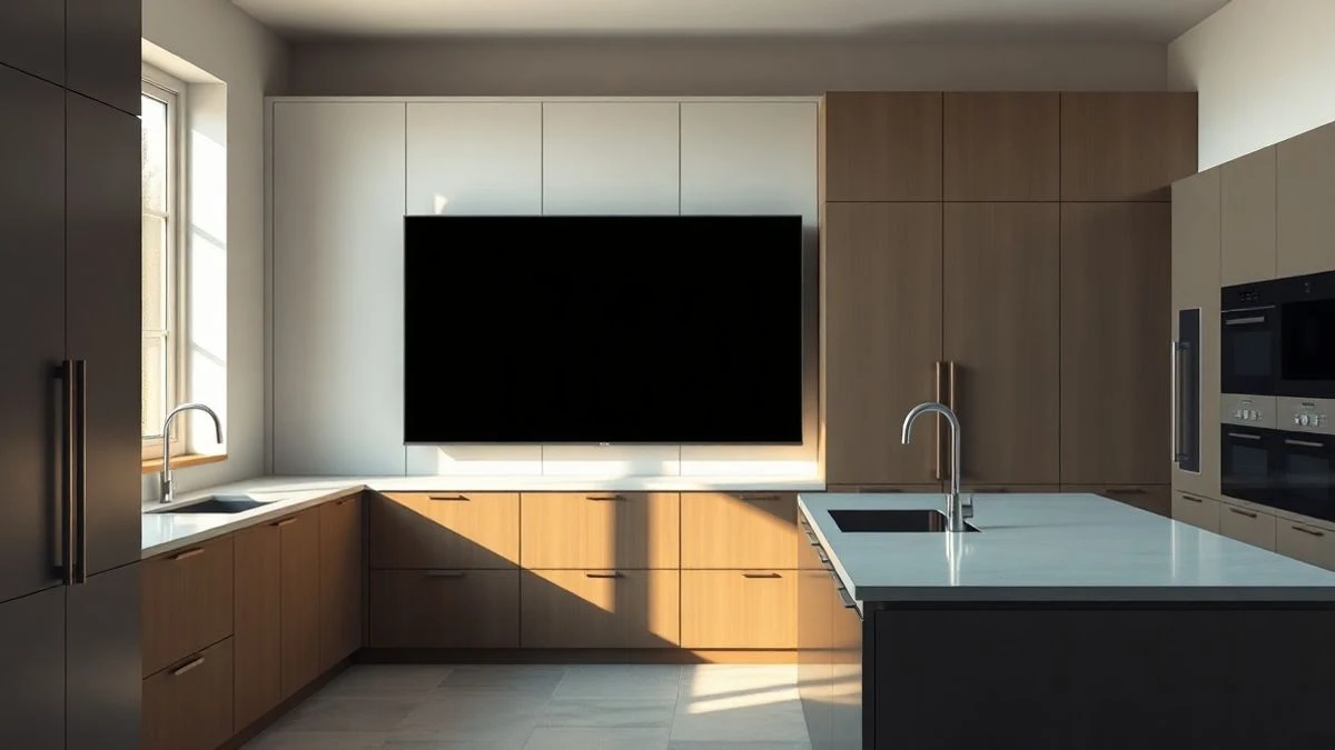 Cocina moderna europea con isla central y una pantalla plana apagada montada en la encimera, iluminada por luz natural.