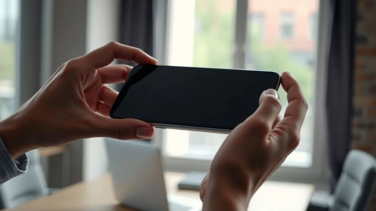 Primer plano de unas manos sujetando un smartphone apagado, con la pantalla negra reflejando la luz natural de una oficina moderna.