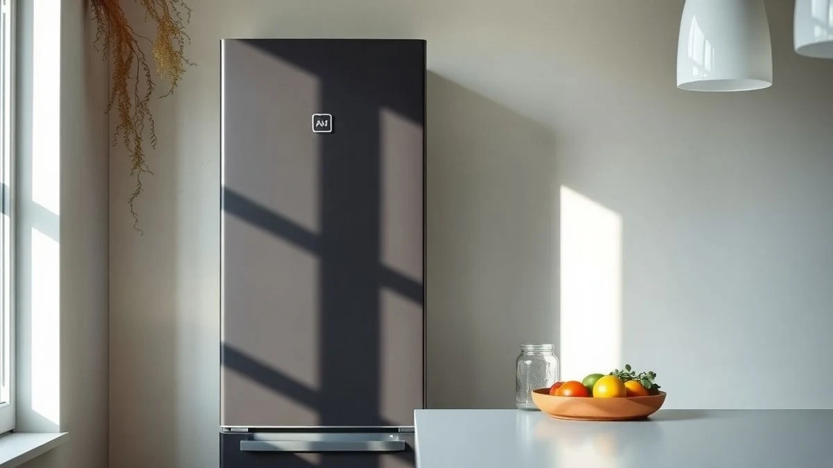 Frigorífico moderno sin marcas en una cocina contemporánea, con frutas y verduras frescas en la encimera.