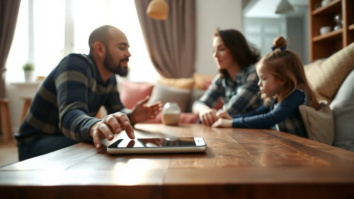 Una familia en un salón moderno, con un teléfono móvil apagado sobre la mesa de centro, y las manos de un adulto y un niño acercándose a él.