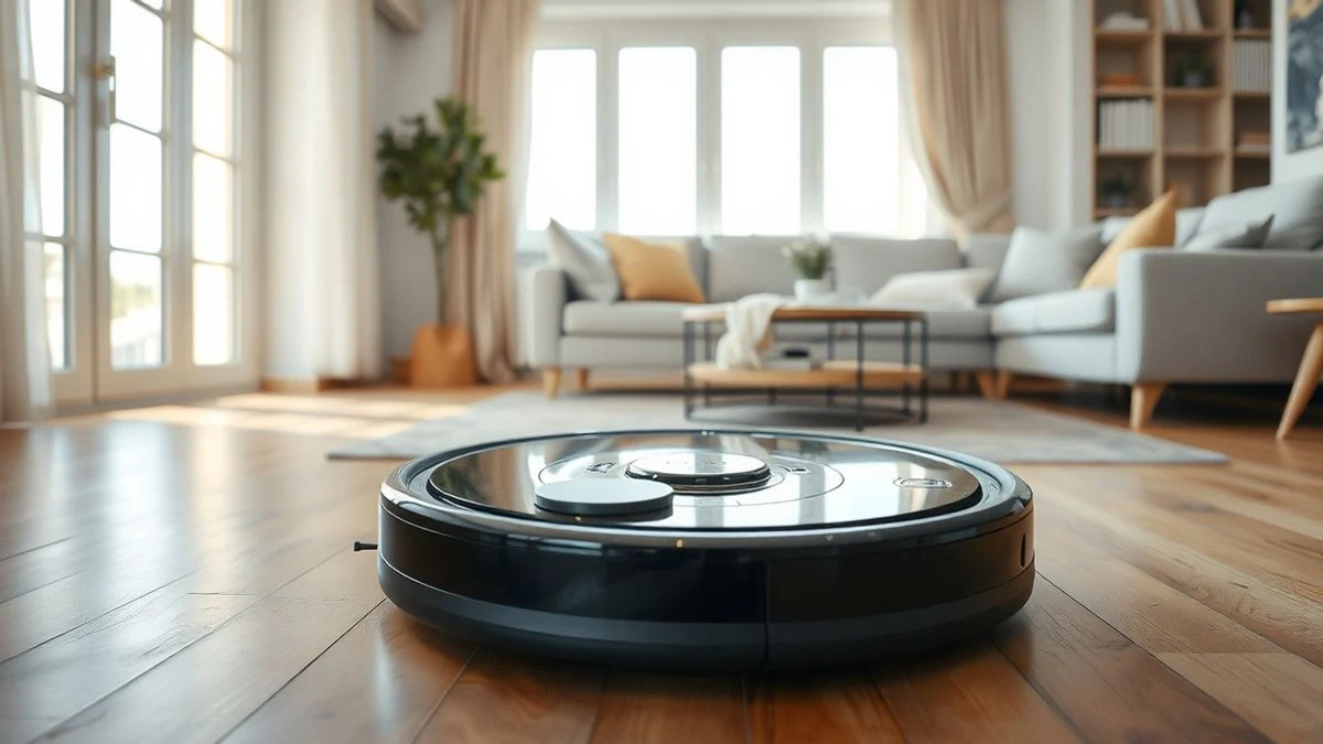 Un robot aspirador moderno y elegante sobre el suelo de madera de un salón luminoso y contemporáneo, junto a un sofá gris y una mesita de centro.