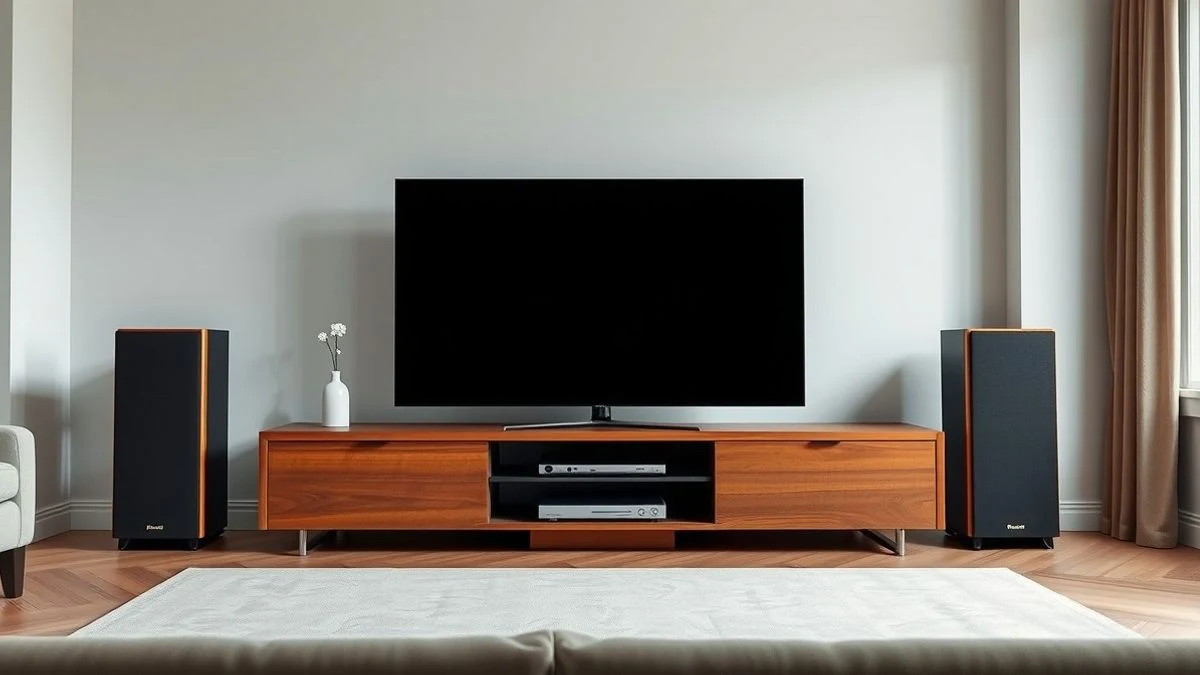 Un salón moderno con un televisor de pantalla apagada y dos altavoces de pie de diseño minimalista a ambos lados. La luz natural entra por una ventana.