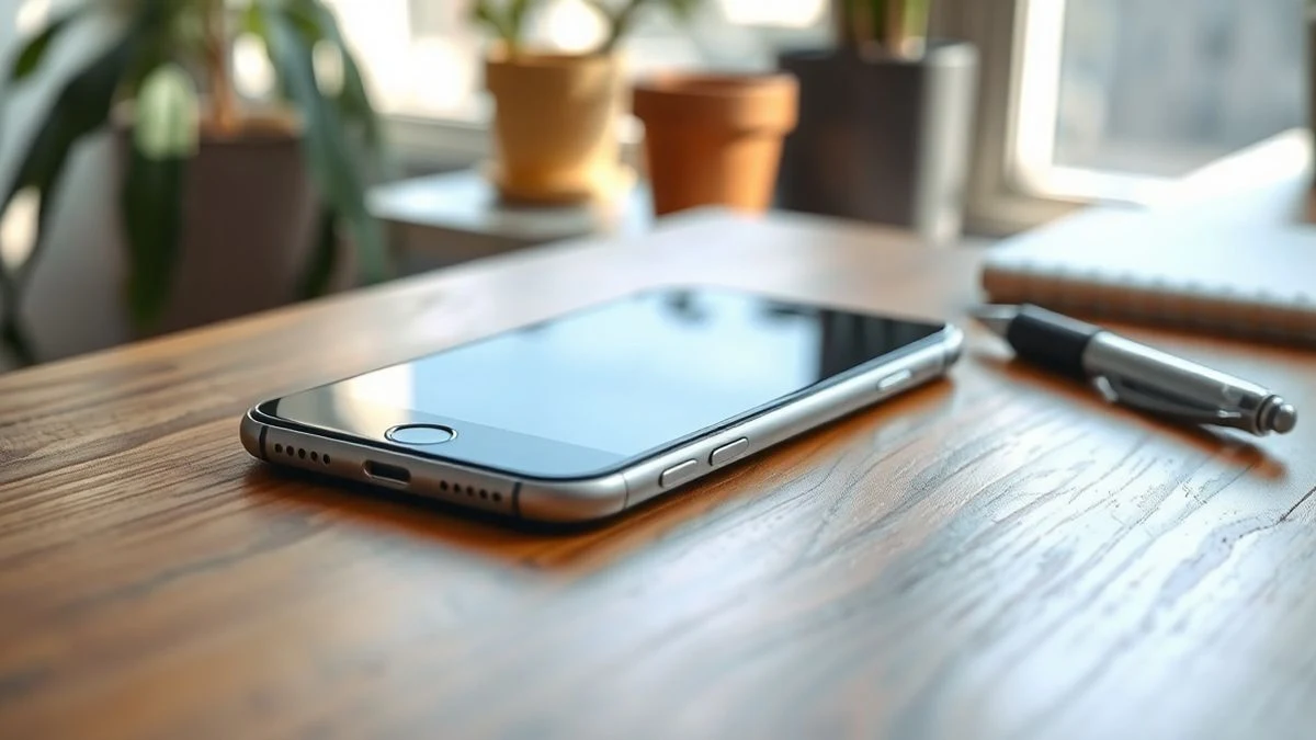 Primer plano de un teléfono móvil apagado boca abajo sobre una mesa de madera, con un cuaderno y un bolígrafo al lado, luz natural de ventana y plantas de fondo.