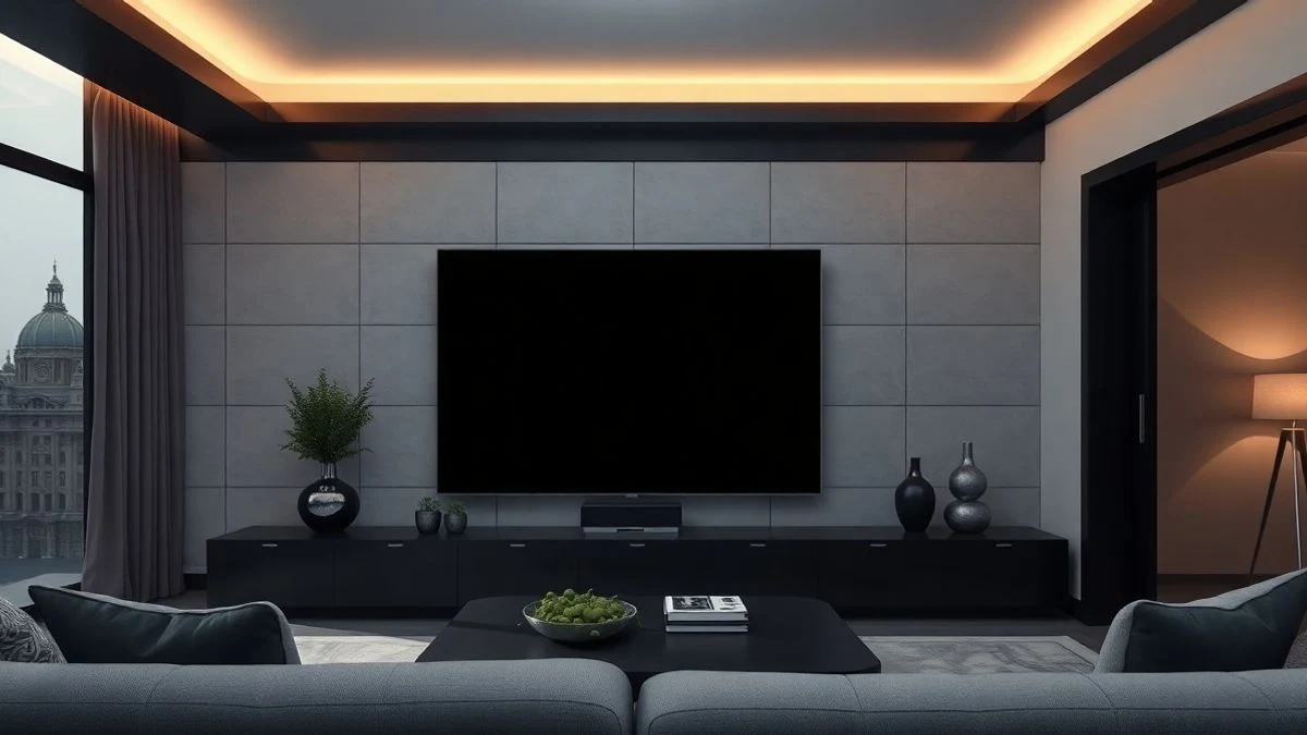 Salón moderno con un televisor de pantalla grande apagado en la pared, sofá y luz cálida.