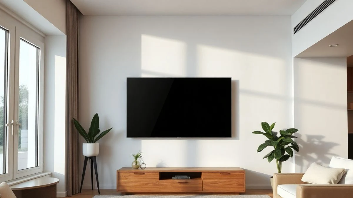 Salón contemporáneo con un televisor de pantalla plana apagado montado en la pared, reflejando la luz natural de la ventana.