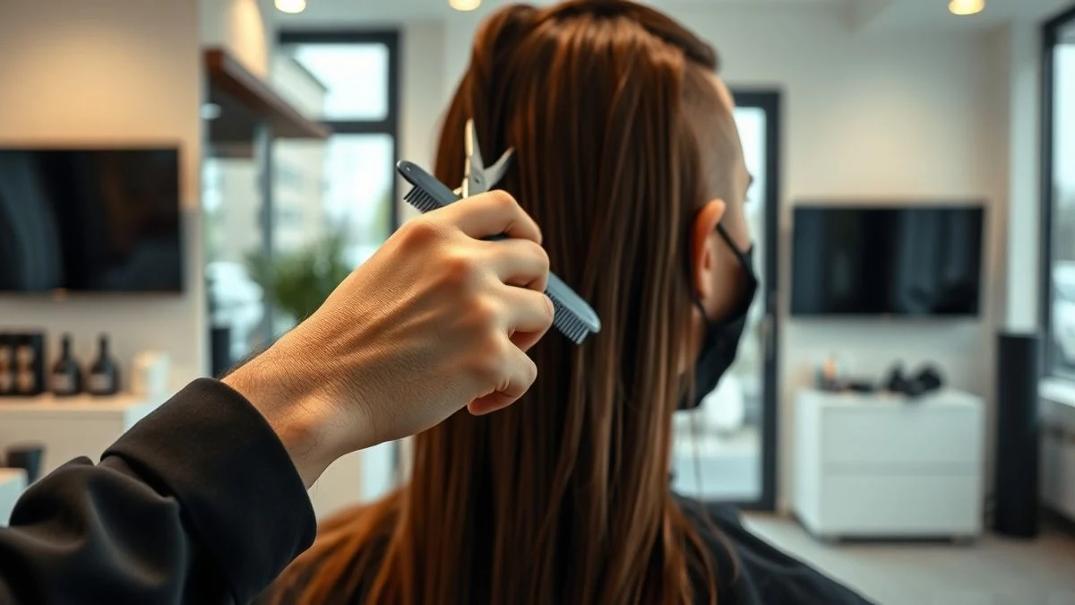 Primer plano de las manos de un estilista peinando el cabello de una persona de espaldas en un salón moderno y luminoso.