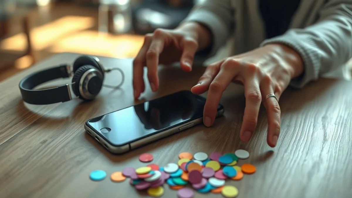 Primer plano de unas manos sosteniendo un smartphone apagado sobre una mesa de madera con confeti y auriculares vintage al lado, en un salón acogedor.
