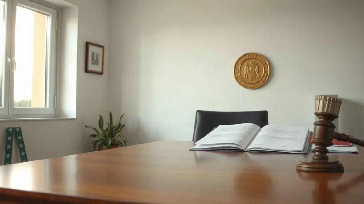 Oficina tranquila con escritorio de madera, documentos legales y luz natural, ideal para divorcios express.
