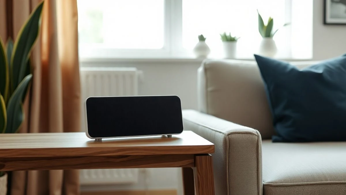 Un altavoz negro elegante sobre una mesa de madera en un salón luminoso, con luz natural entrando por la ventana.