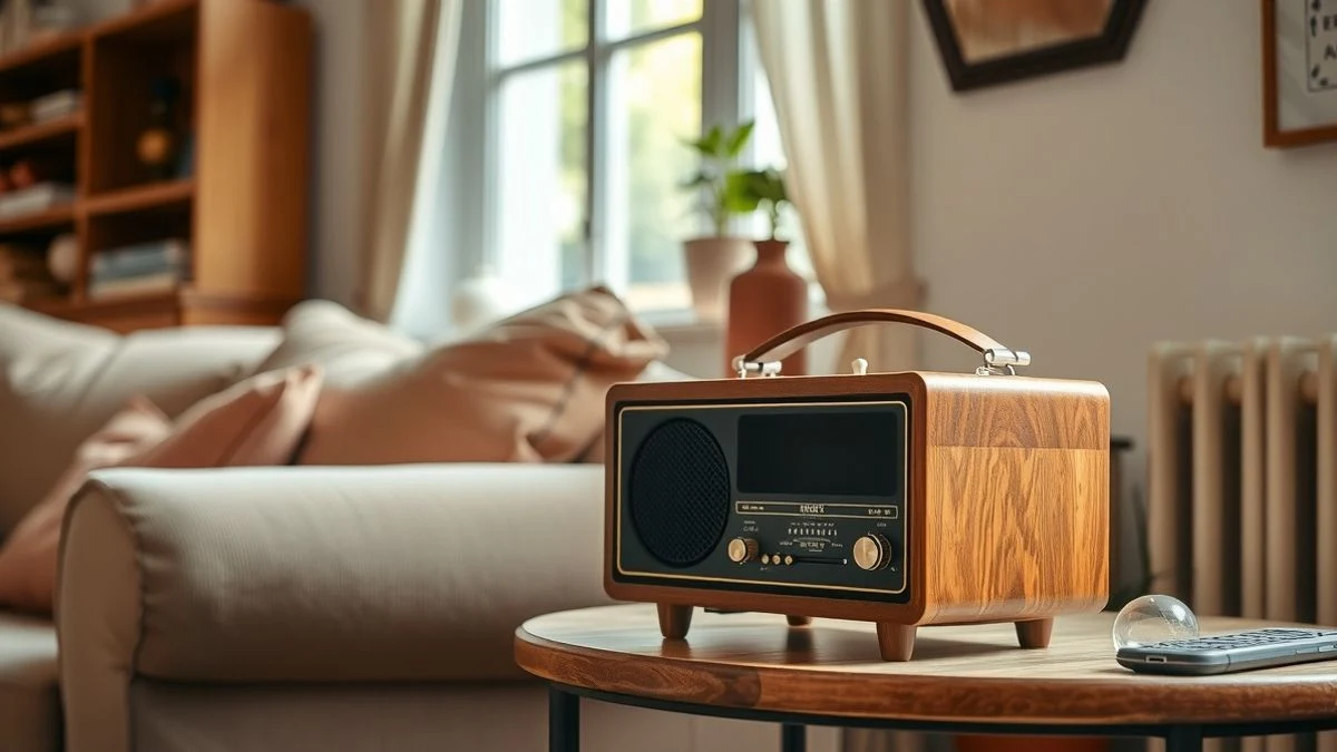 Un radio de mesa de estilo vintage de madera sobre una mesita auxiliar en un salón europeo acogedor.
