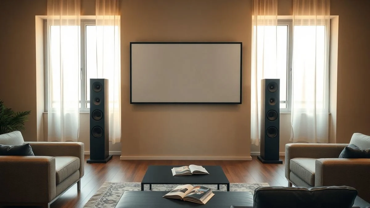 Un salón moderno con dos altavoces de pie negros a los lados de una televisión apagada, sofá y luz natural.
