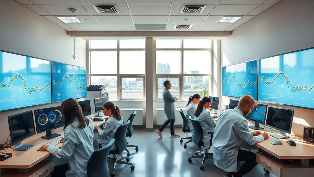 Un laboratorio de investigación moderno con científicos trabajando en estaciones de trabajo y pantallas grandes apagadas, iluminado por luz natural.