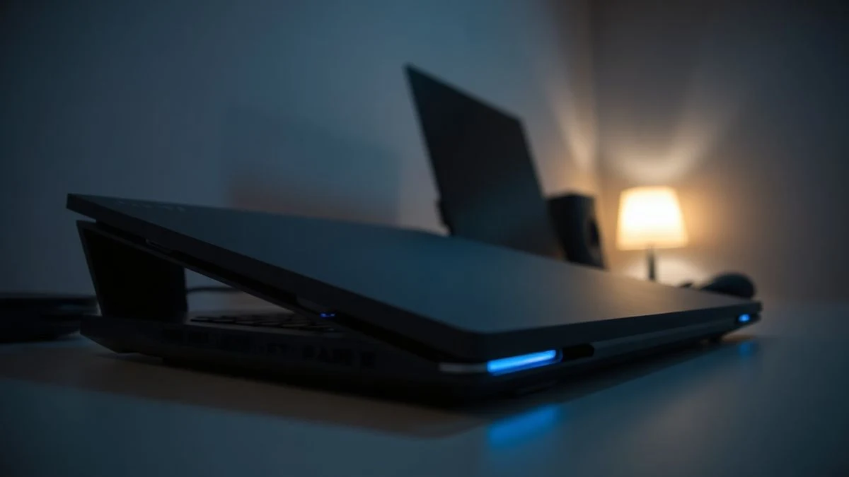 Primer plano de un portátil gaming moderno cerrado sobre una mesa, con luz ambiental azul y pantalla apagada.