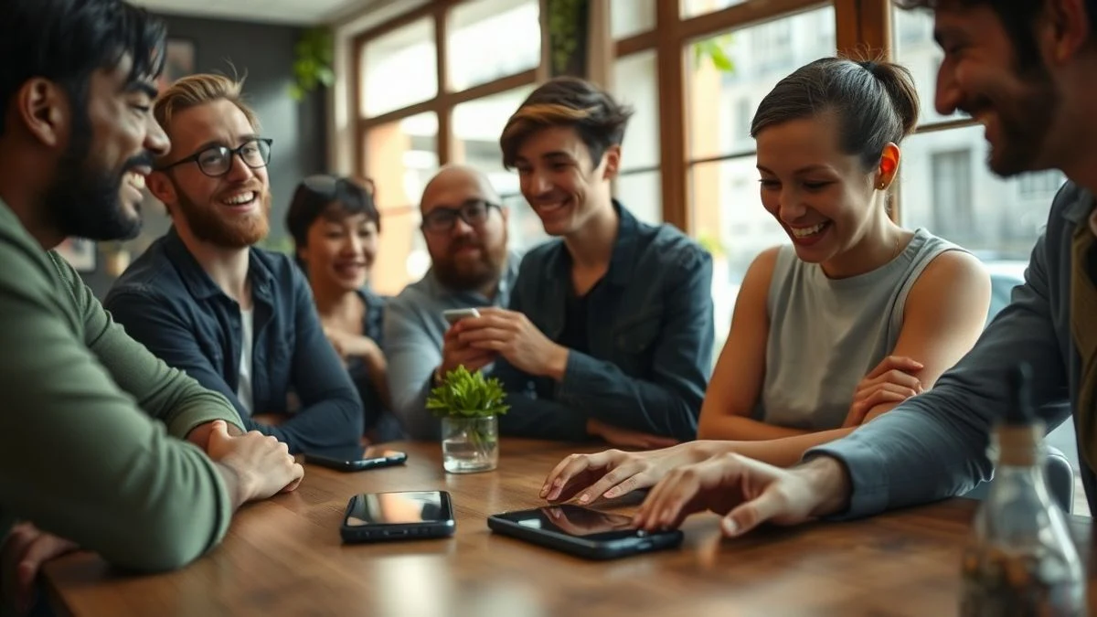 Un grupo de jóvenes alrededor de una mesa de café, riendo y mirando un teléfono inteligente apagado sobre la mesa.