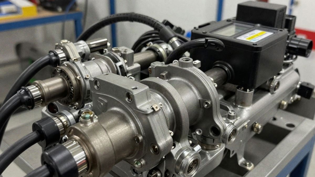 Componentes avanzados de inyección diésel en un taller automotriz, mostrando bombas y sistemas de control electrónico.