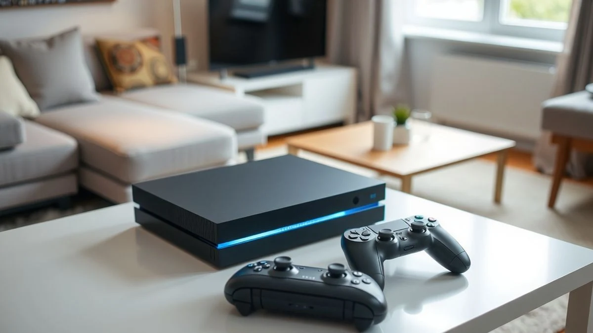 Una consola de videojuegos moderna de color negro con detalles azules sobre una mesa, acompañada de dos mandos, en un salón europeo con luz natural.