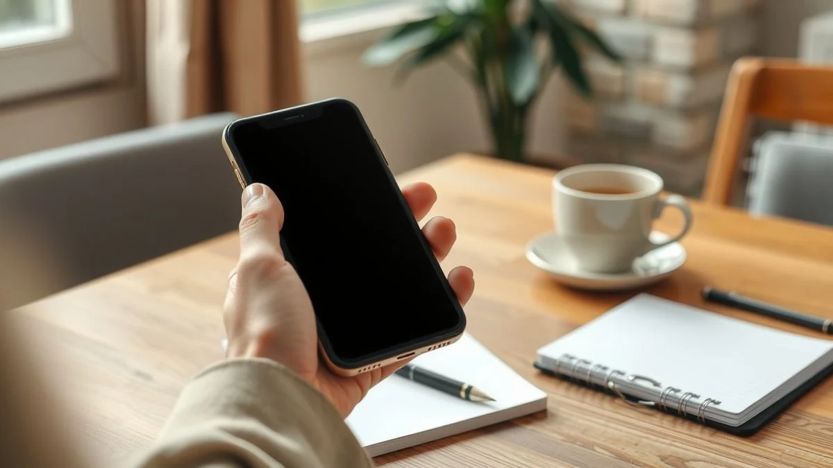 Primer plano de manos sosteniendo un smartphone apagado sobre una mesa de madera, con una taza de café y un cuaderno al lado, en un interior doméstico con luz natural.