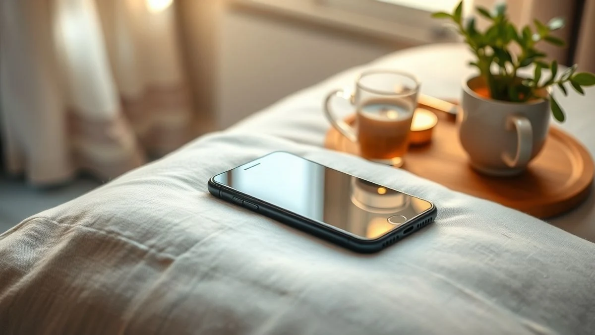 Un smartphone apagado sobre un cojín de sofá de lino, con una taza de té y una planta al lado, en un salón luminoso.