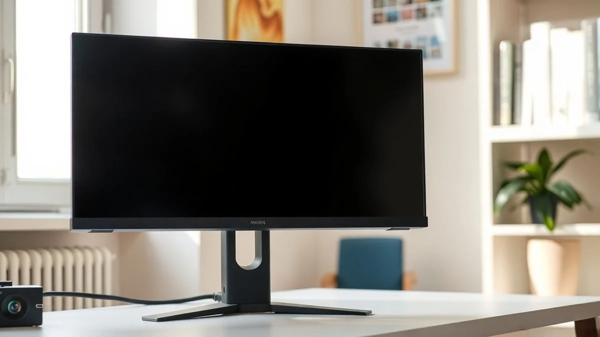 Primer plano de un monitor de gaming apagado sobre un escritorio minimalista, con luz natural y fondo desenfocado.