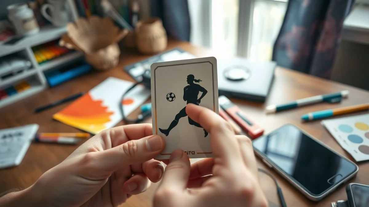 Primer plano de manos sosteniendo un cromo con acabado holográfico y una silueta de futbolista borrosa, junto a material de dibujo y un móvil apagado sobre una mesa de madera.