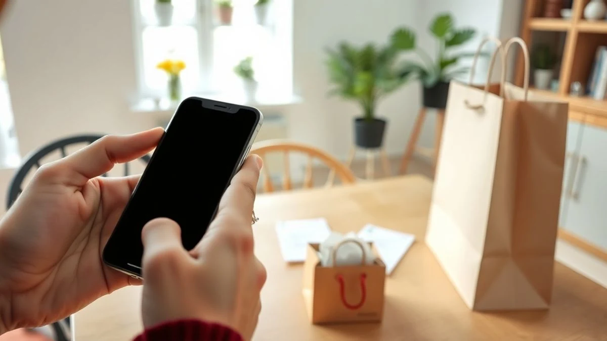 Primer plano de manos sosteniendo un smartphone apagado junto a una bolsa de compras y recibos en una mesa de madera.