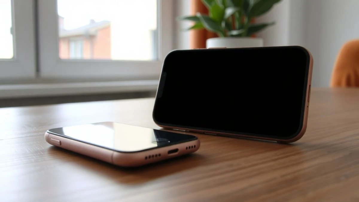 Un smartphone moderno apagado sobre una mesa de madera en una estancia luminosa y minimalista.