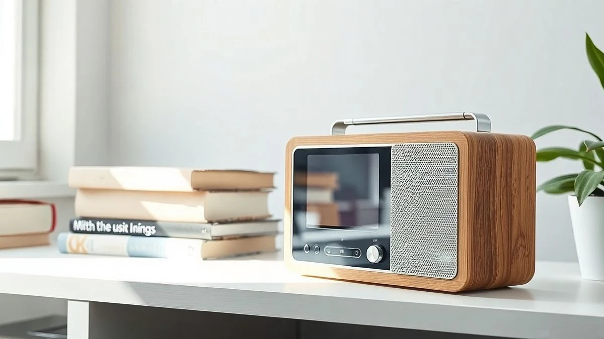 Primer plano de una radio portátil de madera con diseño retro, apagada, en una estantería luminosa de un salón europeo, con libros y una planta al fondo.