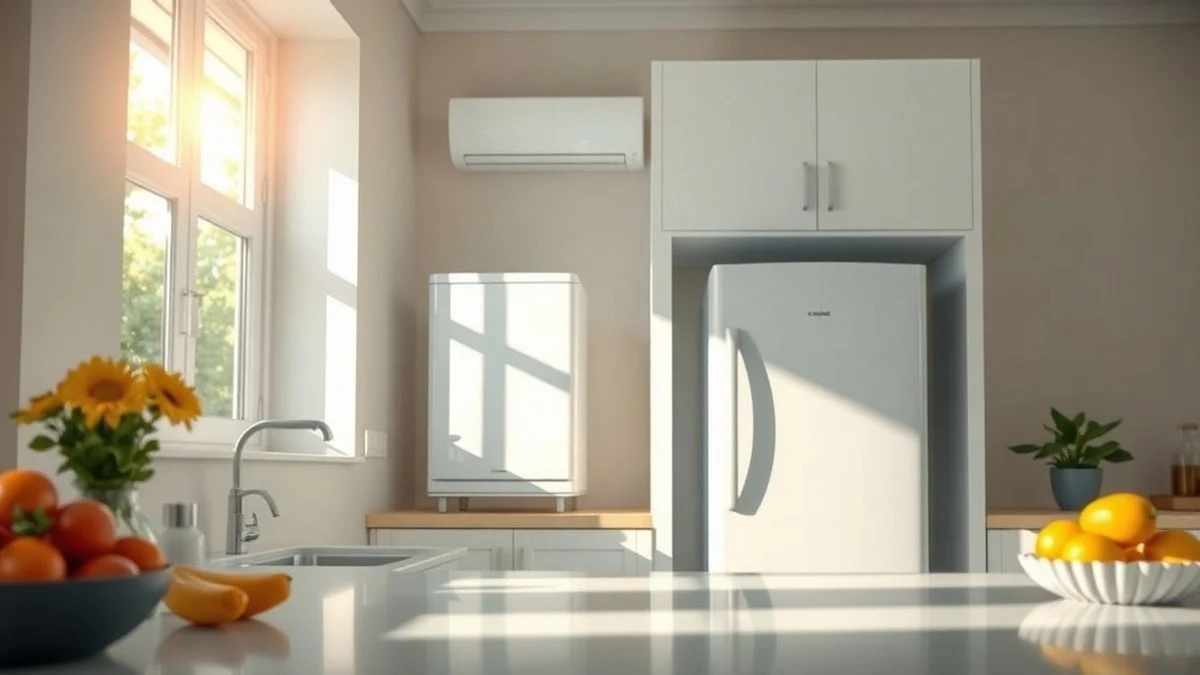 Cocina luminosa con un frigorífico moderno sin marcas y un aire acondicionado de pared, con luz natural entrando por la ventana.