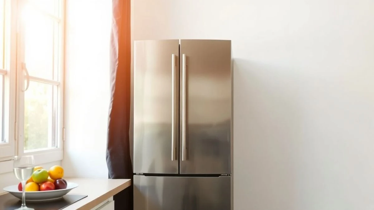 Cocina europea moderna con un frigorífico de acero inoxidable sin marcas visibles y un cuenco de fruta en la encimera.