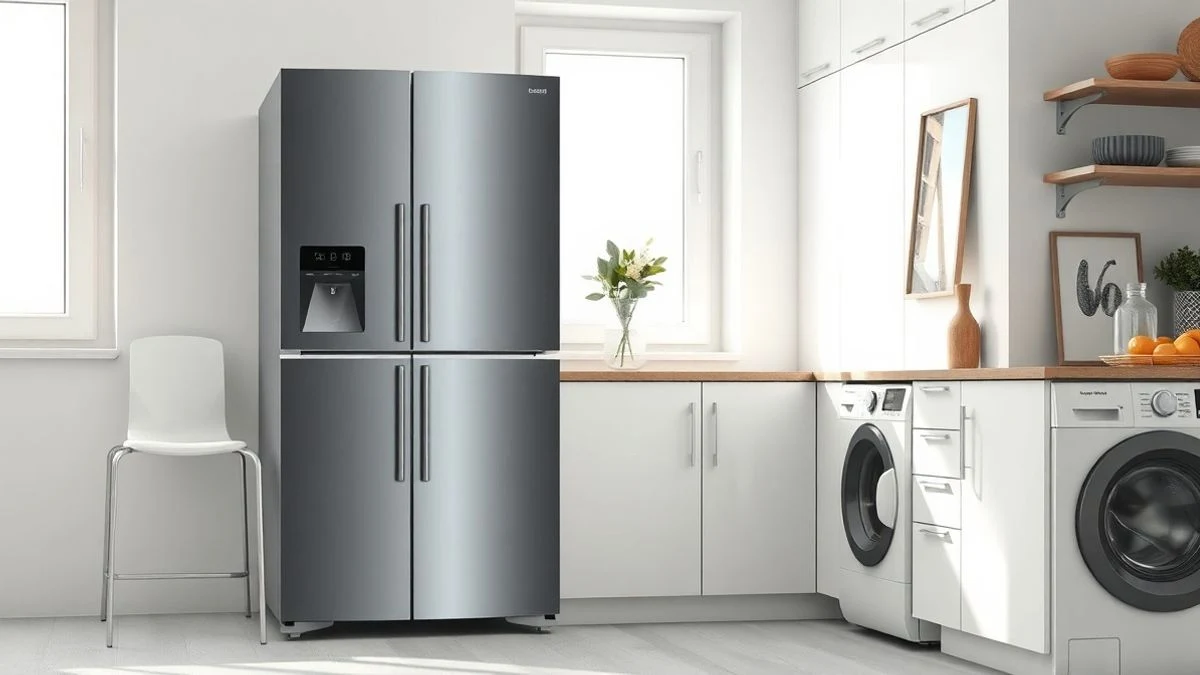Cocina moderna y luminosa con electrodomésticos inteligentes de pantalla oscura y sin marcas visibles.