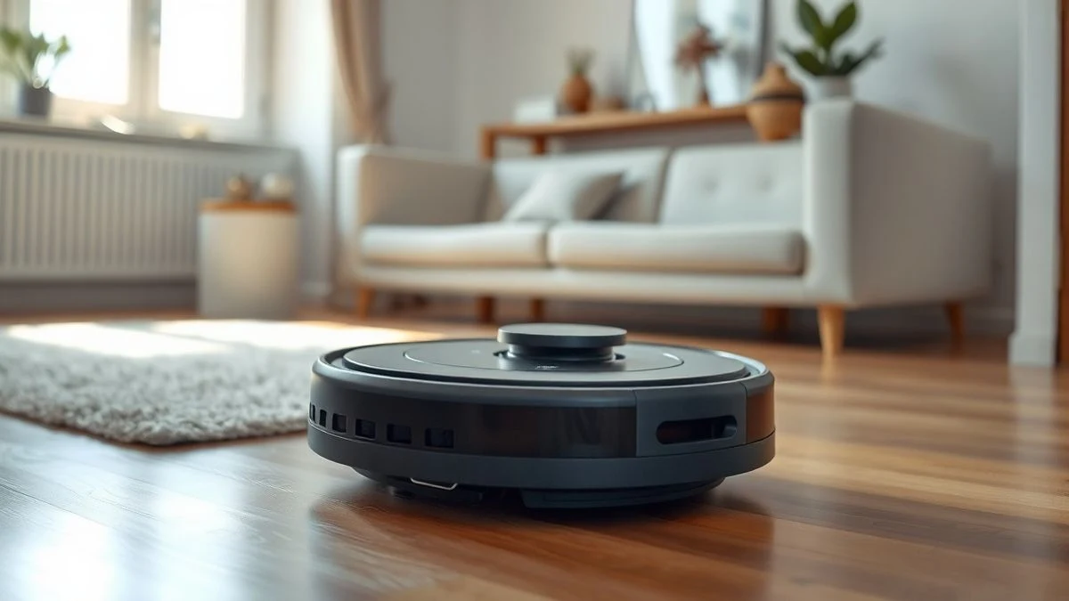 Un robot aspirador moderno en un salón europeo contemporáneo con suelo de madera, luz natural y una planta de fondo.