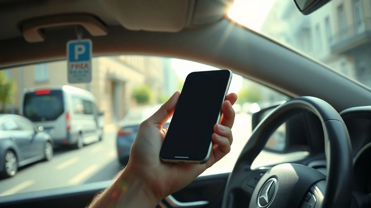 Primer plano de una mano sosteniendo un teléfono móvil apagado montado en el salpicadero de un coche, con la calle de fondo desenfocada.