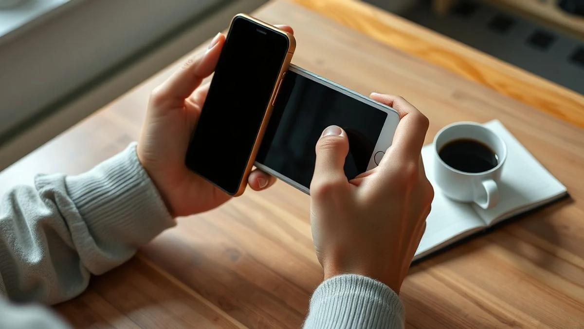 Manos de un estudiante sosteniendo un teléfono móvil apagado sobre un cuaderno abierto con apuntes y una taza de café.