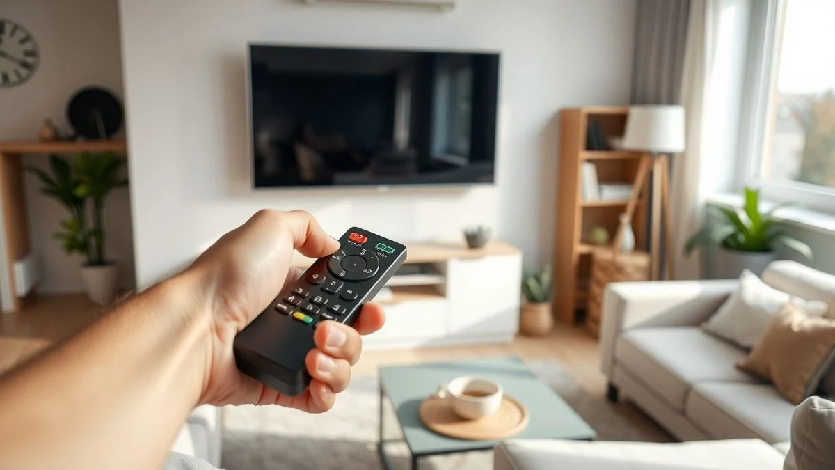 Una mano sostiene un mando a distancia apuntando a una televisión de pantalla plana apagada en un salón moderno.