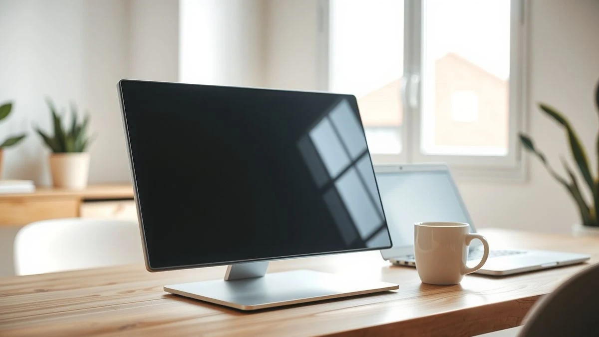 Primer plano de un monitor portátil apagado sobre una mesa de madera, con un portátil cerrado y una taza de café al lado, en una oficina luminosa.