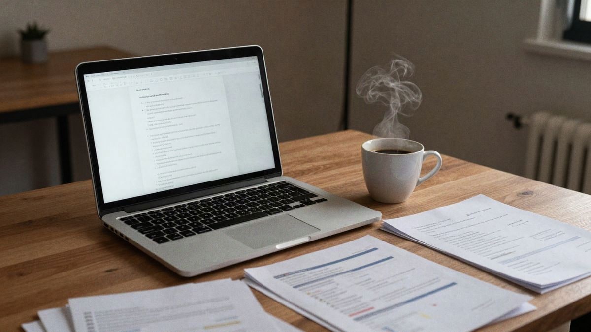 Oficina en casa acogedora con laptop, taza de café y materiales educativos sobre una mesa iluminada cálidamente.