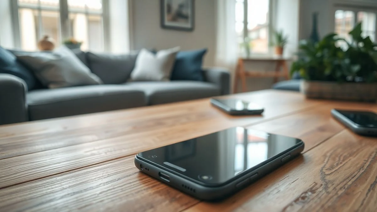Primer plano de un teléfono inteligente boca abajo sobre una mesa de madera, con la pantalla apagada reflejando la luz de la ventana.
