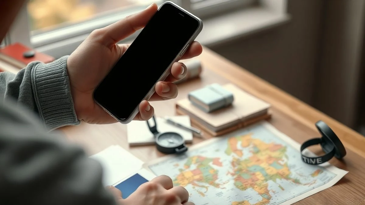 Manos sosteniendo un smartphone apagado sobre un mapa de papel con una brújula.
