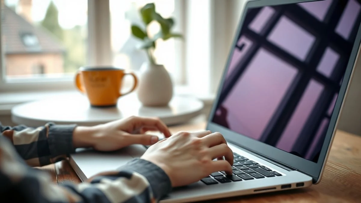 Manos escribiendo en un teclado de portátil con la pantalla apagada en una oficina en casa.