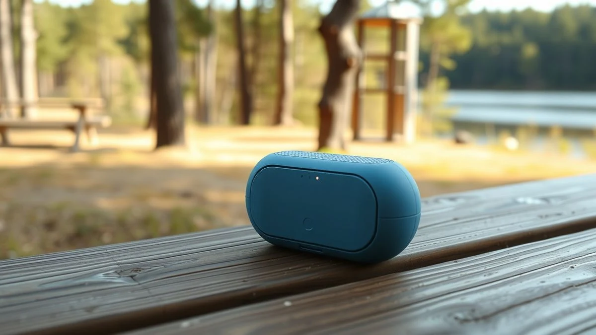 Primer plano de un altavoz mini azul sobre una mesa de madera al aire libre, con un lago y bosque desenfocados al fondo.