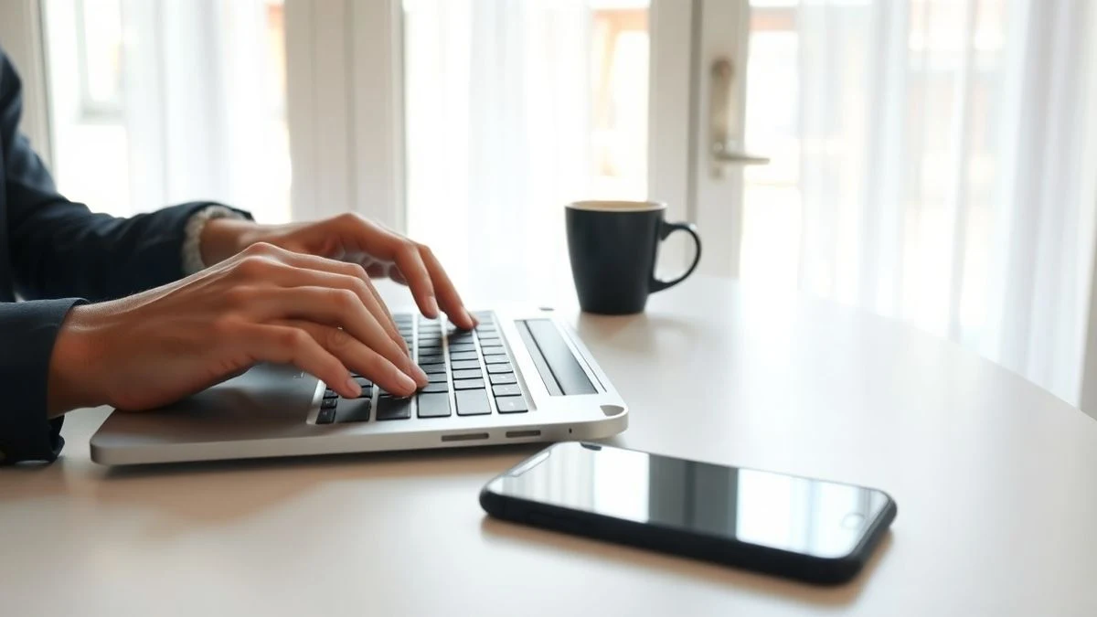 Primer plano de manos escribiendo en un teclado de portátil en una oficina en casa, con un teléfono móvil apagado y una taza de café.