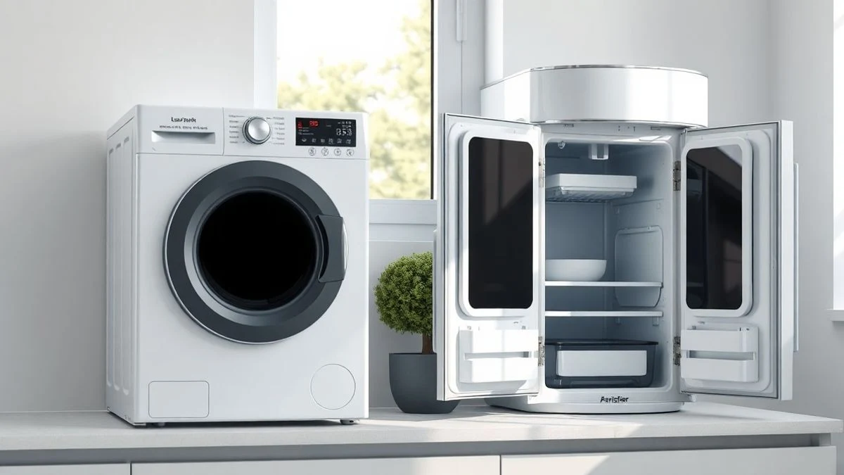 Cocina moderna y luminosa con una lavadora y un frigorífico de pantalla apagada, plantas y luz natural.