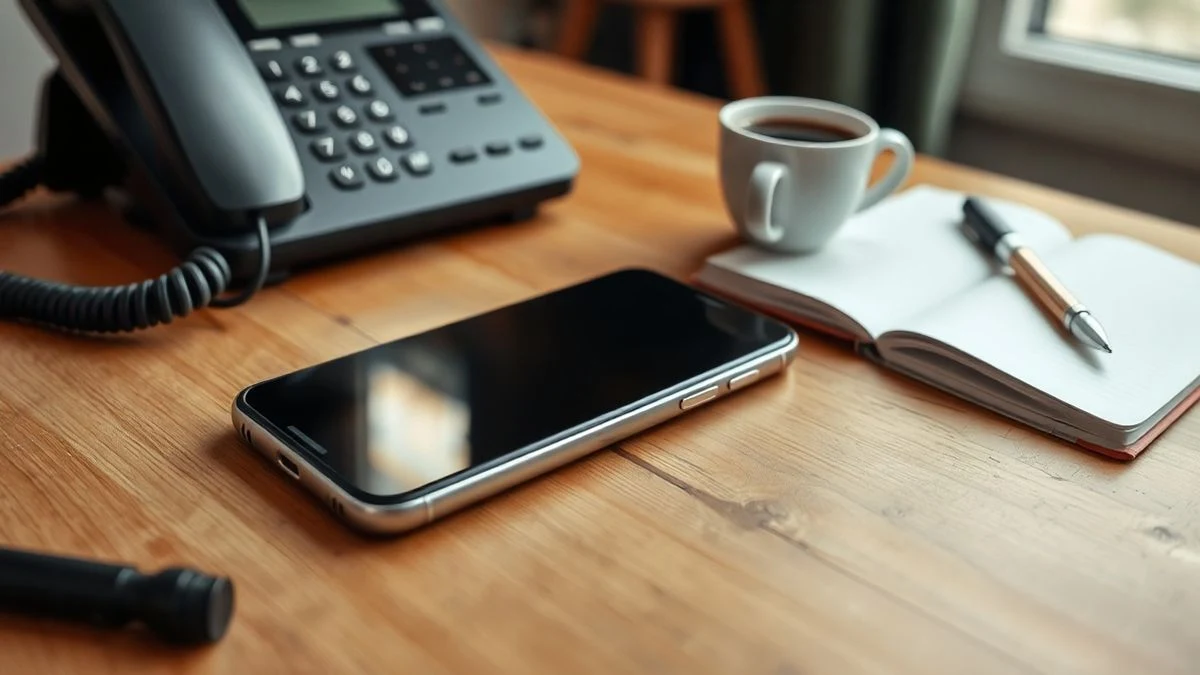 Primer plano de un teléfono fijo y un smartphone apagados sobre una mesa de madera, junto a una taza de café y un cuaderno abierto, con luz natural de una ventana.