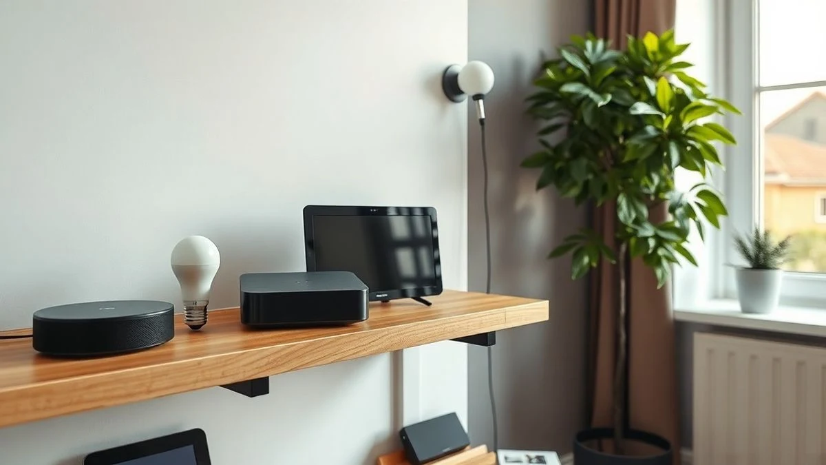 Un salón europeo contemporáneo con un centro de hogar inteligente en una estantería de madera, junto a un altavoz y una bombilla inteligentes, todos apagados, con luz natural.