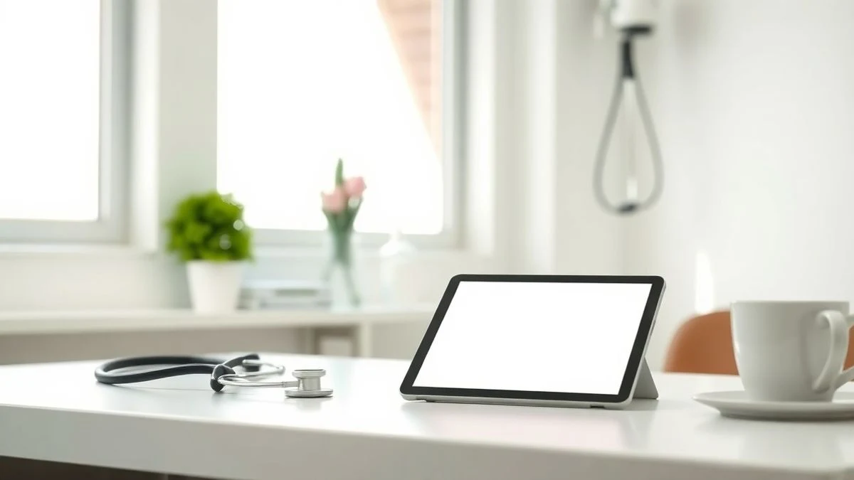 Un escritorio médico con un estetoscopio y una tableta apagada en una habitación de hospital iluminada por luz natural.