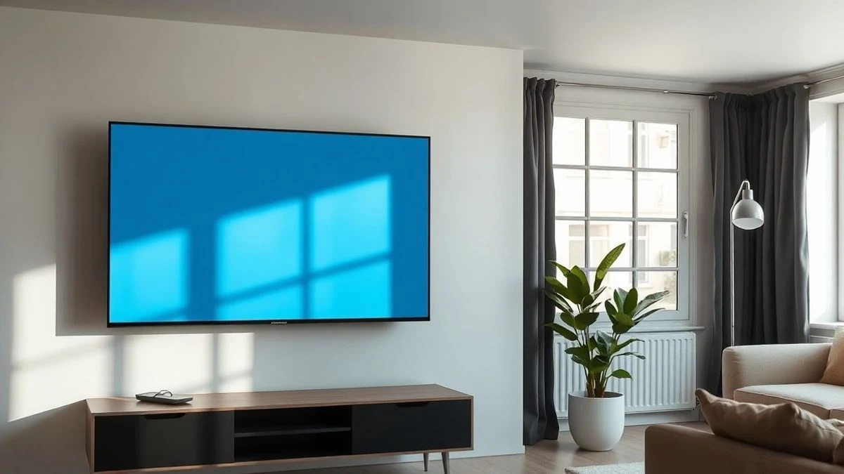 Un salón moderno con un televisor de pantalla plana apagado montado en la pared, reflejando la luz natural de una ventana, con un sofá y una planta en maceta.