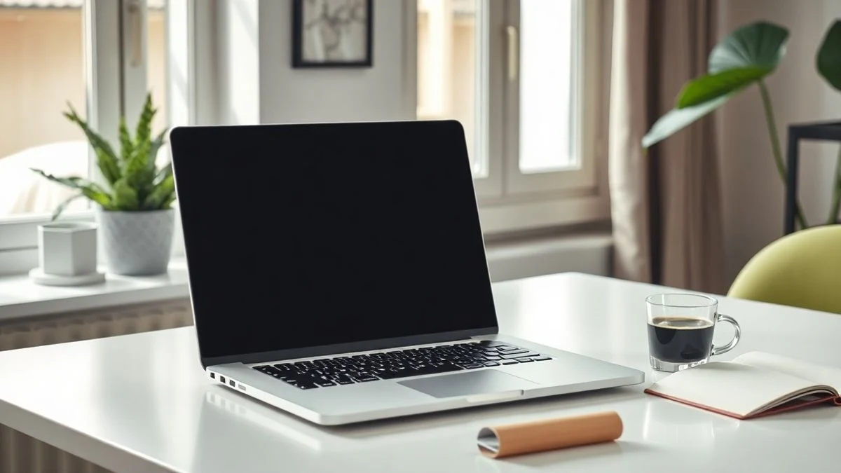 Un portátil moderno cerrado sobre un escritorio luminoso junto a una taza de café y una libreta, con luz natural de una ventana.