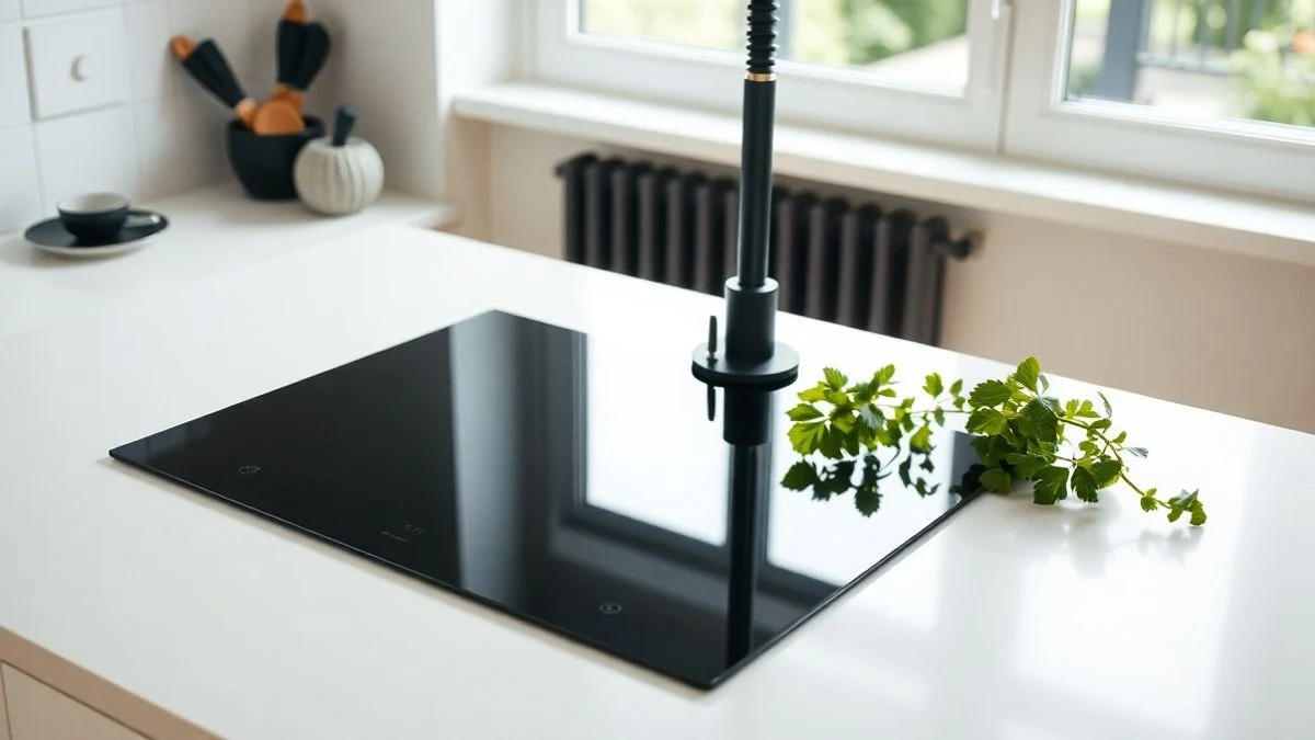 Una placa de inducción negra y elegante sobre una encimera de cocina moderna, con luz natural entrando por una ventana.