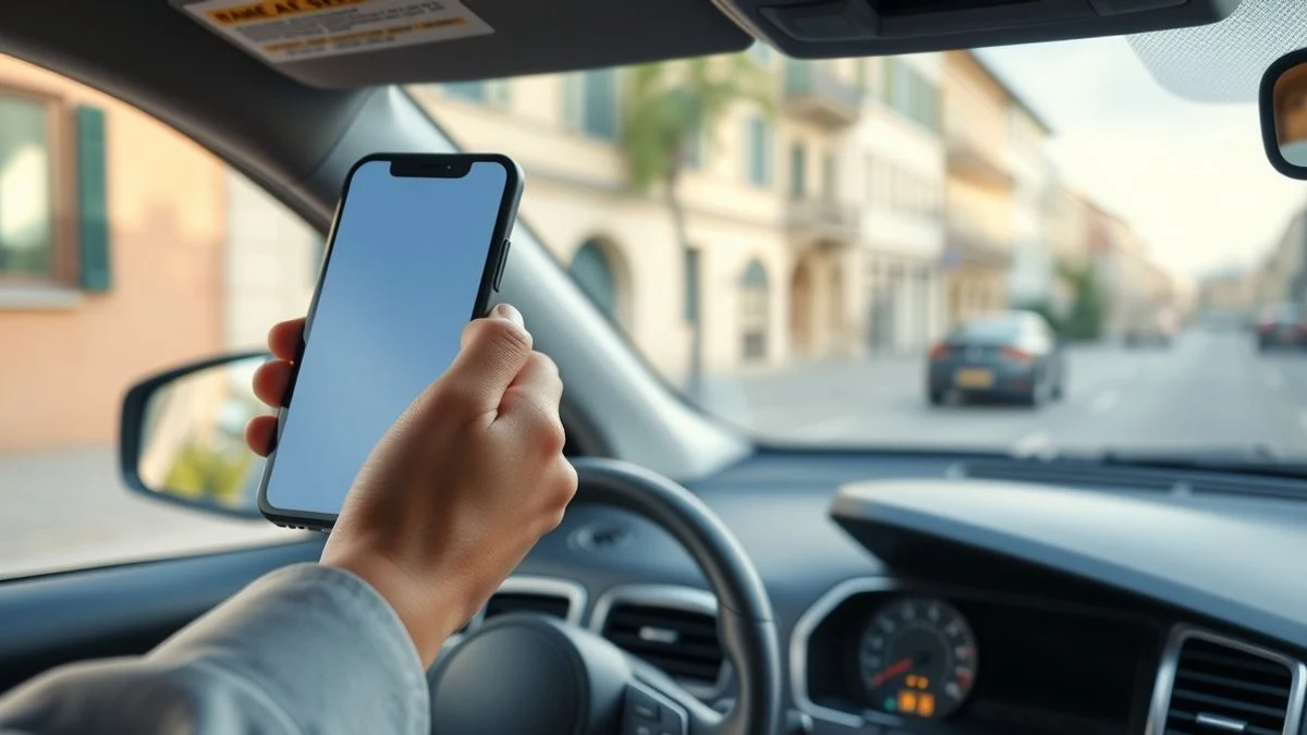 Mano sosteniendo un teléfono móvil apagado sobre la consola de un coche, con una calle europea borrosa al fondo.