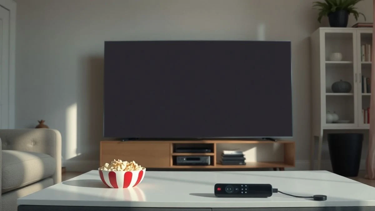 Un salón moderno con un televisor apagado, un mando a distancia y un bol de palomitas sobre la mesa de centro, con luz natural entrando por la ventana.